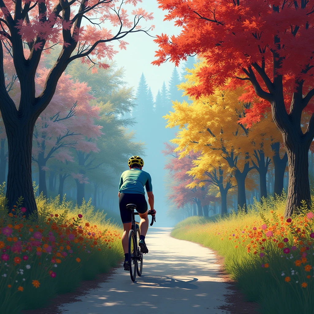 A cyclist rides from the winter boundary to the summer, experiencing the beautiful scenery of seasonal changes. Through the contrast of seasonal colors, showcase the beauty of harmonious coexistence between cycling and nature. Beautiful cinematic lighting, surreal, RAW photo, color graded, dynamic movement, captivating chiaroscuro, full body, award-winning, cinematic still, emotional, vignette, dynamic, vivid, (masterpiece, best quality, photorealistic, Professional, perfect composition, very aesthetic, absurdres, ultra-detailed, intricate details:1.3)