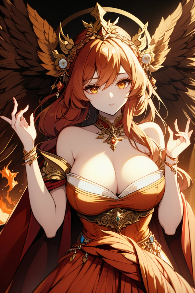 Closeup of a woman with fire and flames on her body, with fiery golden wings of flame, with fiery golden wings, epic fantasy art style, epic fantasy digital art style, feminine lady of change, full portrait of elementalist, Exquisite and epic character art.