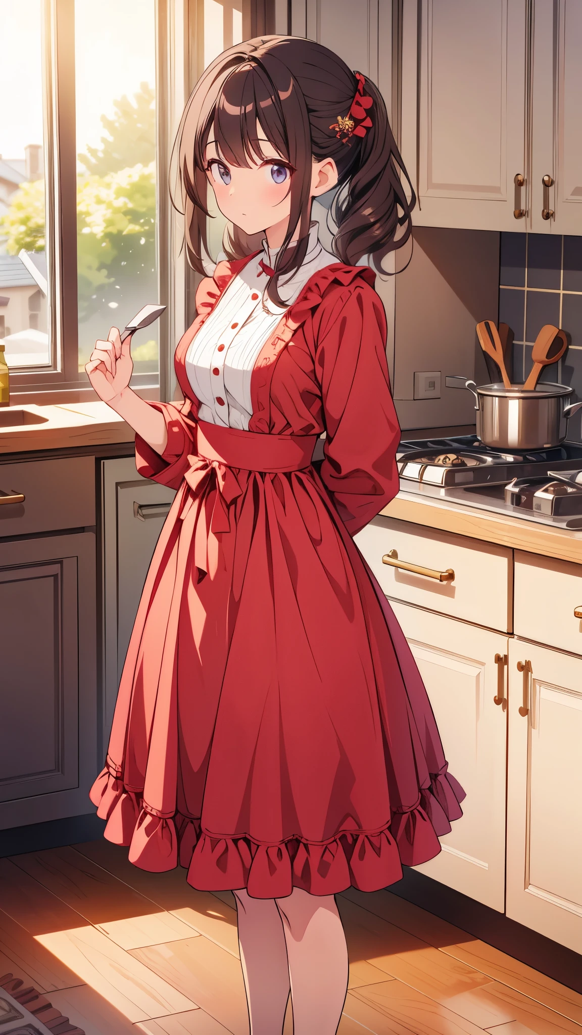 A woman wearing a dress standing in the kitchen, highest quality、one person's,Full body portrait、15 years old、Perfect Five Fingers、Perfect Legs、Perfect Legs、Perfect、Detailed Description、The finer details、Embarrassed face、Detailed face、mini skirt、blonde、short hair、White panties、White panties、I can see your pants、Rear View、turn around、look back、Skirt flip、Lift up your skirt、Poses that accentuate the buttocks