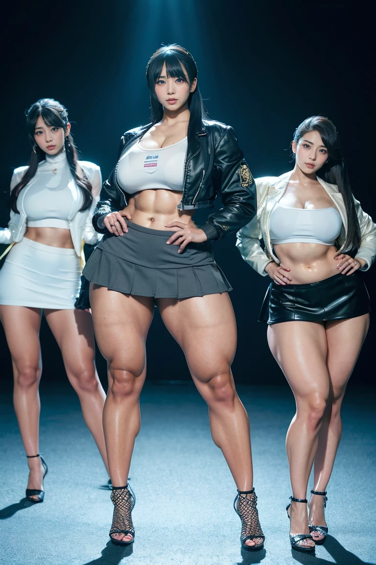 Ultra-high resolution, Realistic, Very detailed, Golden Ratio, Highest quality, Four people are standing full-body shot, (promotional photoshoot), (Are standing), Four people stand on the rooftop in high heels, (Four Beautiful female with Exemplary Figures), Beautiful Face, (Realisticな face), (biondeのショートカット:1.3), Korean bionde, bionde, long straight ponytail light black hair, hair band, Glare, Frowning, Drooling, Long Tongue, Verbal invitation, compensate, Frowning, Frowning, Surrealism, First Person View, First Person View, Wide-angle, Ultra-high resolution, Anatomically correct, Super detailed, 16K, (Four beautiful female standing side by side) (wide thighs), (Very sexy long legs),((body builder girl)), ((wide muscles)), ((sexy abdominal muscles)), (huge breasts),(very voluptuous body),(short grey skirt),(strapless jacket),(sexy smile)