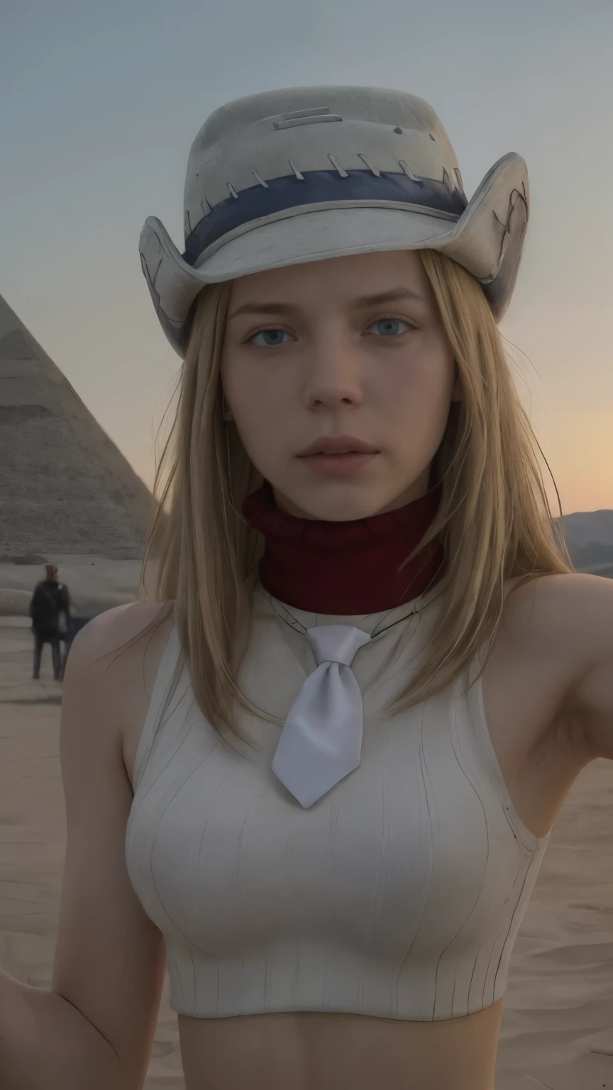 ((realistic)), ((photorealistic)),((high-res, masterpiece, best quality, cinema lighting)), masterpiece, best quality:1.2), upper body, solo, 1girl, Liz, belt, blonde hair, blue eyes, hat, crop top, hand on hip, hat, long hair, midriff, navel, necktie, pants, solo,  sleeveless turtleneck, desert, pyramid,masterpiece, best quality, 4k, photograph, cinemtaic lighting, modelshoot, perfect lighting, perfect detailed face, professional photoshoot, masterpiece, best quality,red turtleneck, (((medium breasts 1.3))), bracelet,