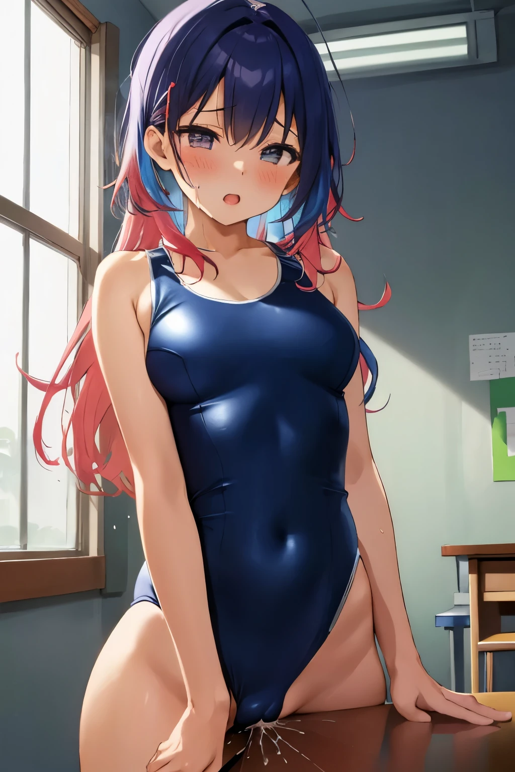 Masterpiece、Highest quality、1girl、Standing at the edge of the desk、Super detailed、nsfw　Flashy Hair、Colorful Hair　Ahegao　Beautiful eyes、Detailed depiction of the eyes　swim suit、Navy blue swimsuit　I am sweating profusely.　standing、Standing and on all fours、Put your hands on the desk、He pressed his lower body against the corner of the desk.、Attaching sexual body parts to the corner of the desk、vagina、Pussy、clitoris、Female organ、A lot of semen、table sex、SEX、Desk Sex、Masturbation、机の端角を使ってMasturbation、Intense sex　classroom、Sunset