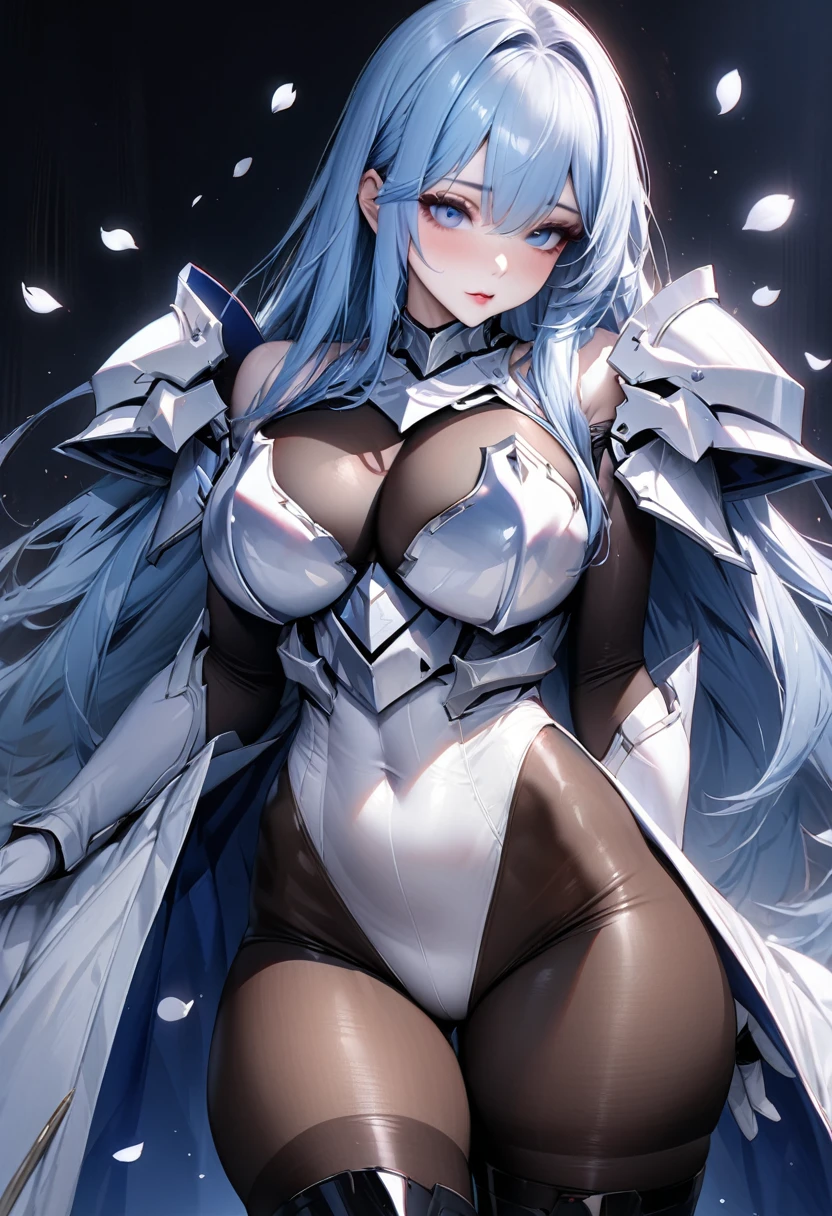 ((highest quality)), ((masterpiece)), ((hyperrealistic)), (solo), 1girl, ((curvy)), ((Tight and digging into the skin: 1.2)), perfect face, ((Azur Lane)), ((long coat dress)), ((white paladin armor)), ((skin-tight pantyhose leotard: 1.4)), ((white knight armor breastplate)), ((skin-tight black Investigator Bodystocking)), ((white large pauldron)), (white long gauntlet gloves), ((light blue long straight hair)), ((large breasts)), (pantyhose thighs), ((Knee-high boots on the white tight skin that digs into it)), (high heel boots), ((black see through cleavage cutout)), (Ultra high leg), ((zettai ryouiki)), Perfect and beautiful blue eyes, Perfect hands, perfect fingers, makeup, cowboy shot, Fluttering white petals