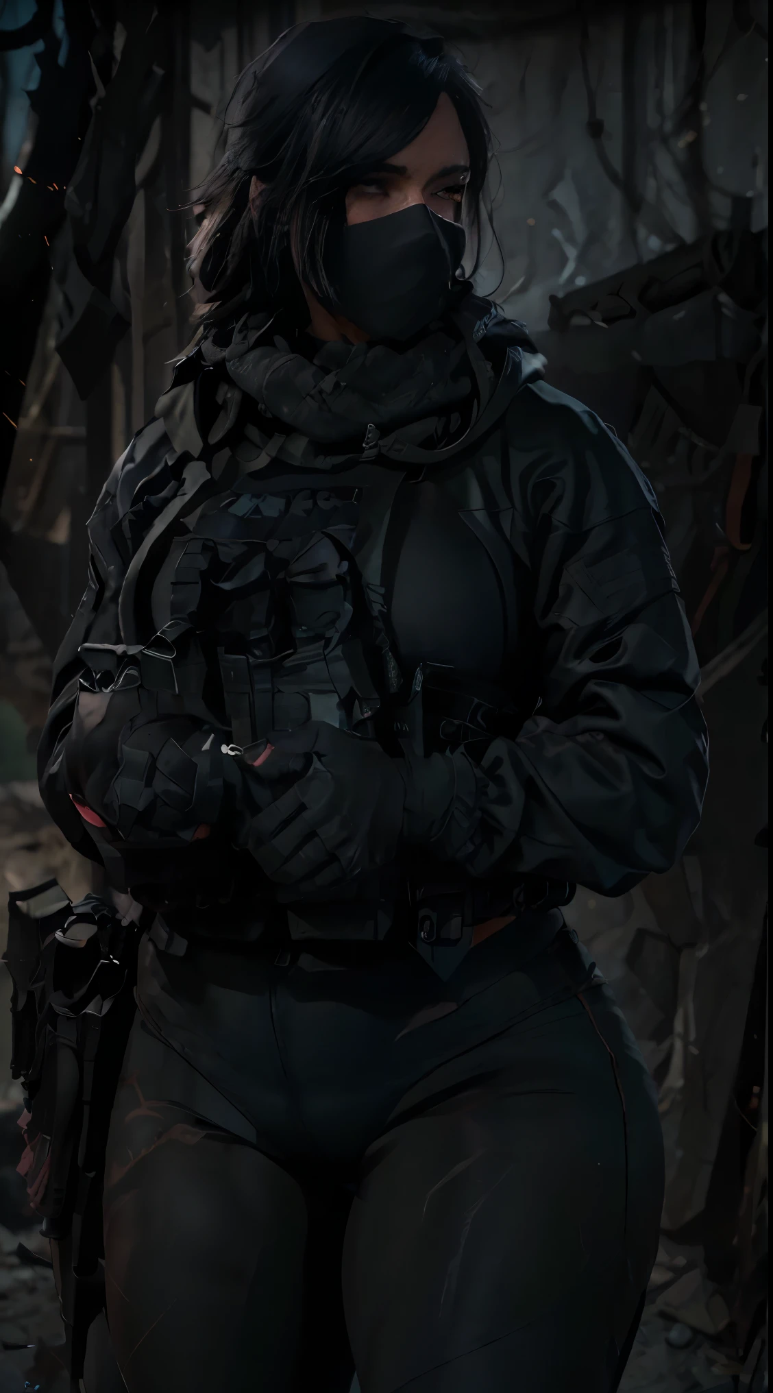 beautiful sexy woman with large breasts, muscular athletic body, tactical sunglasses, military scarf and cap, cinematic lighting, highly detailed, photorealistic, 8k, (best quality,4k,8k,highres,masterpiece:1.2),ultra-detailed,(realistic,photorealistic,photo-realistic:1.37),dark moody color palette,dramatic shadows,gritty military styleA sexy woman with big breasts, athletic body, thick thighs, black bikini, black hooded cloak, black mask, boots, detailed face, beautiful eyes, full lips, long eyelashes, masterpiece, photorealistic, high quality, 8k, extremely detailed, hyperrealistic, cinematic lighting, dramatic shadows, vibrant colors, dark moody atmosphere