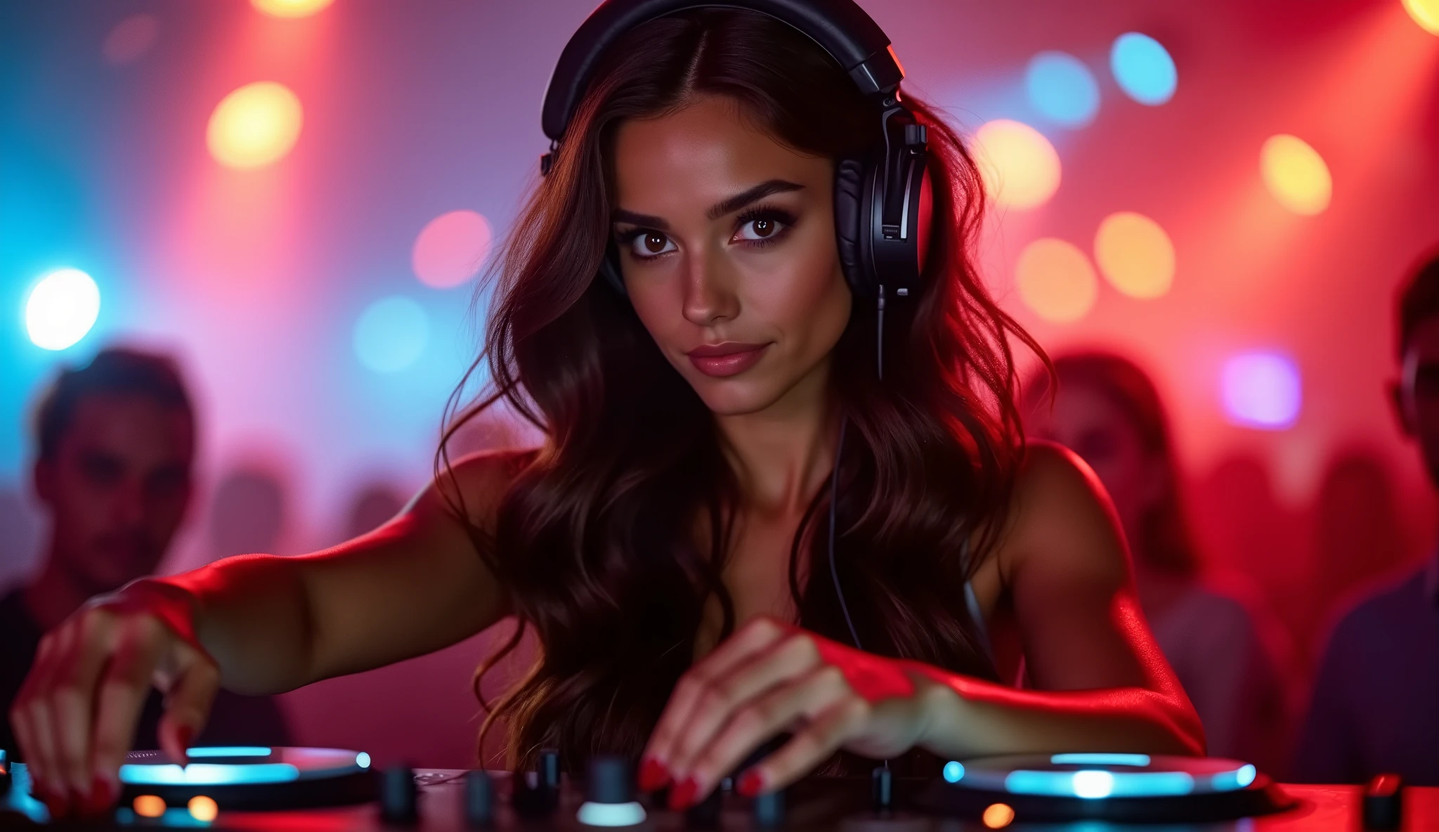 photograph of a gorgeous half Spanish and half black woman, in her 30s, chocolate brown hair, long wavy hairstyle, hazel eyes, down turned eyes, caramel skin tone, straight nose, heart shaped face, full lips, large breast, she has a headphone on, she is dje DJ in front of a console