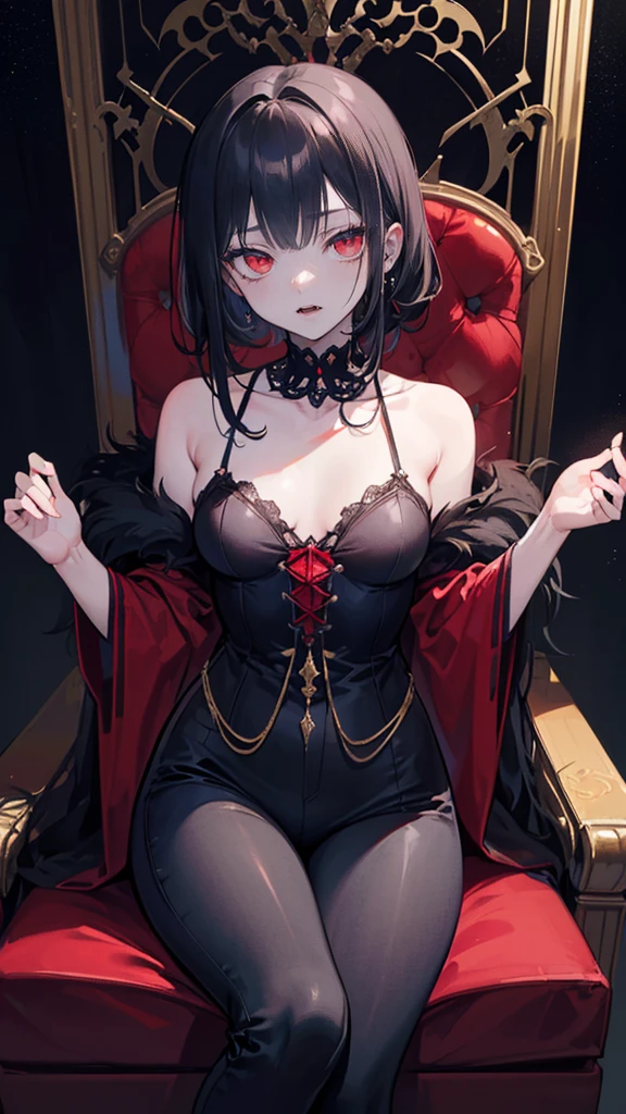 ((True best masterpiece, Ultimately perfect quality, Extremely delicate details)), ((Vampire, Evil, Nightmare, Insanity, Crazy, Horror)), ((In the darkness, Midnight, Gloom)), A vampire girl, With black hair, With glowing red eyes, With flat bust, Wearing a pants, Sitting on the throne, King, Queen, Lord, Noble, Loyalty, Arrogant, Dominant, Blue concept