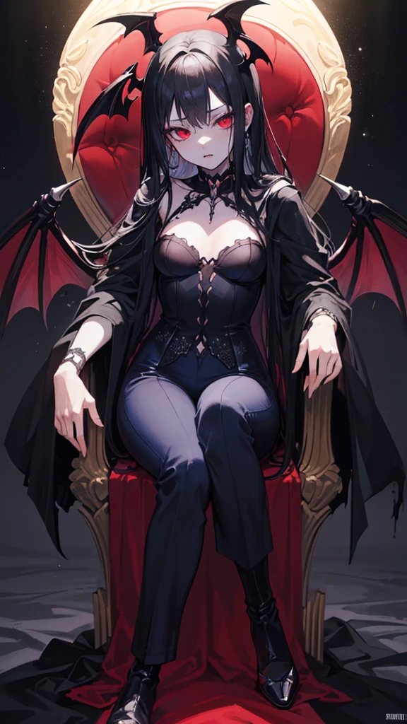 ((True best masterpiece, Ultimately perfect quality, Extremely delicate details)), ((Vampire, Evil, Nightmare, Insanity, Crazy, Horror)), ((In the darkness, Midnight, Gloom)), A vampire girl, With black hair, With glowing red eyes, With flat bust, Wearing a pants, Sitting on the throne, King, Queen, Lord, Noble, Loyalty, Arrogant, Dominant, Blue concept