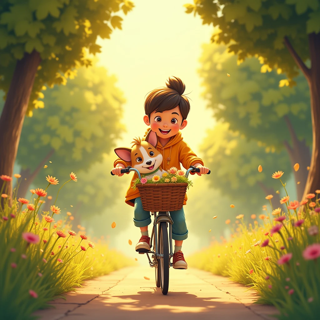 Cartoon style, a rider rides with a pet sitting in a bicycle basket. Warm visuals showcase the intimate relationship between humans and pets. Beautiful cinematic lighting, surreal, RAW photo, color graded, dynamic movement, captivating chiaroscuro, full body, award-winning, cinematic still, emotional, vignette, dynamic, vivid, (masterpiece, best quality, photorealistic, Professional, perfect composition, very aesthetic, absurdres, ultra-detailed, intricate details:1.3)