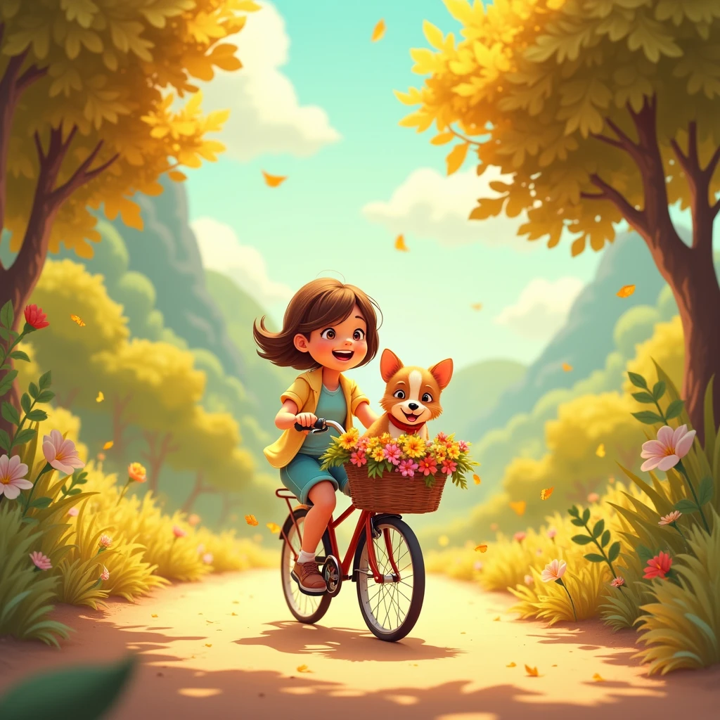 Cartoon style, a rider rides with a pet sitting in a bicycle basket. Warm visuals showcase the intimate relationship between humans and pets. Beautiful cinematic lighting, surreal, RAW photo, color graded, dynamic movement, captivating chiaroscuro, full body, award-winning, cinematic still, emotional, vignette, dynamic, vivid, (masterpiece, best quality, photorealistic, Professional, perfect composition, very aesthetic, absurdres, ultra-detailed, intricate details:1.3)