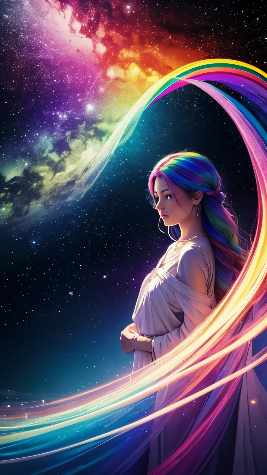 The woman, embodying a mysterious miracle in which her body is enveloped in multi-colored, glittering, thin clouds that overlap like a rainbow, continues her journey as she wanders through a strange space, her expression peaceful.