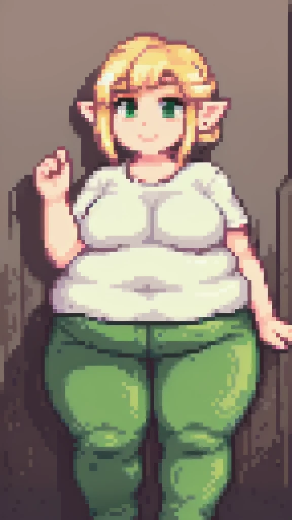 high quality, Pixel, 32 Bits, detailed eyes, 1 solo girl, obese erufuda, short hair, pointy ears, obese elf, blonde hair, (green eyes:1.5), white t-shirt, green pants, braid, big breasts, thick thighs, ((Perfect body)), smile, big belly, very cute, 4K, PixelArt