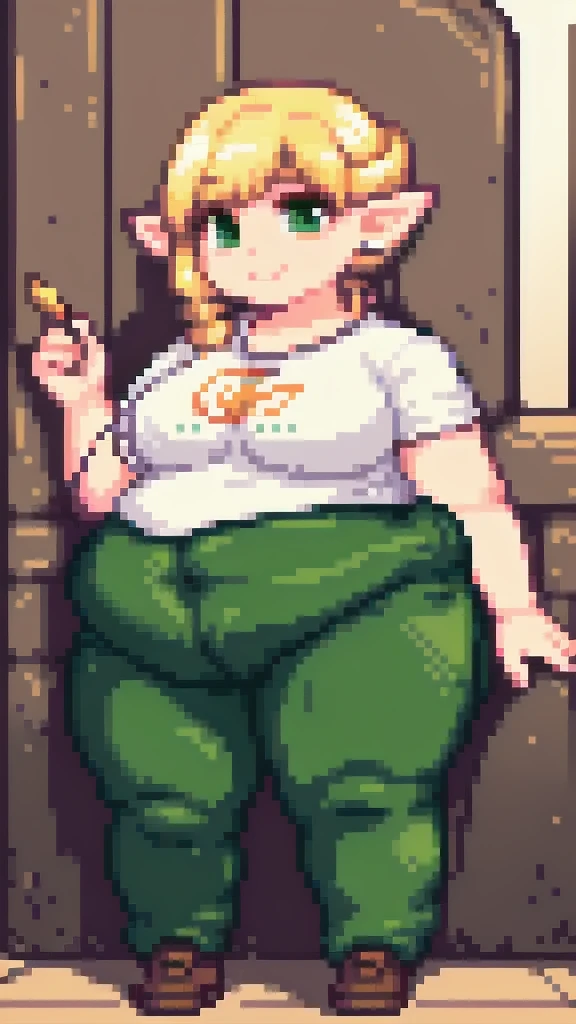 high quality, Pixel, 32 Bits, detailed eyes, 1 solo girl, obese erufuda, short hair, pointy ears, obese elf, blonde hair, (green eyes:1.5), white t-shirt, green pants, braid, big breasts, thick thighs, ((Perfect body)), smile, big belly, very cute, 4K, PixelArt
