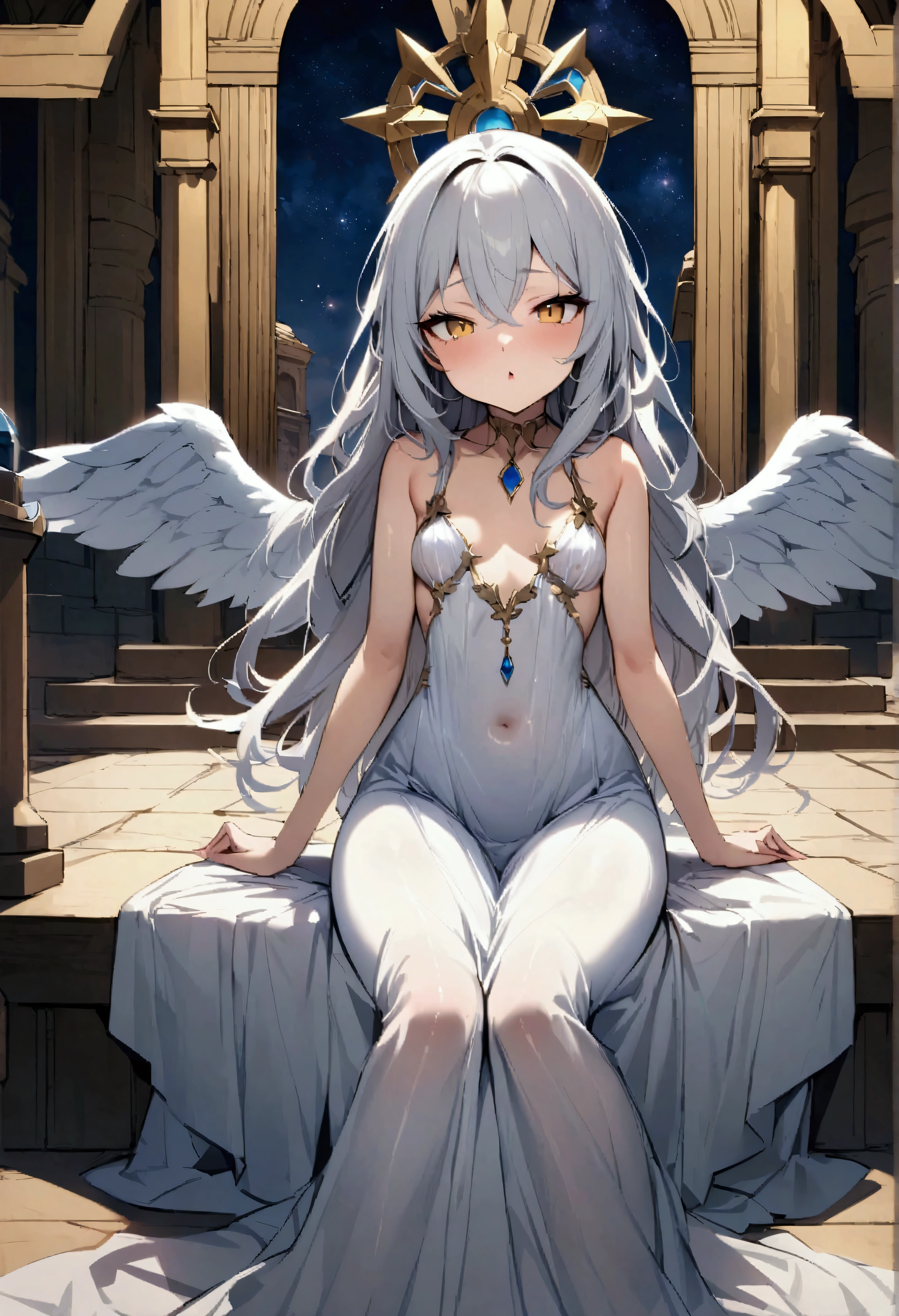 NSFW,masterpiece,Highest quality,High resolution,Very detailed,Girl,Silver Hair,long hair,Golden Eyes,Small breasts,Short height,Angel,wing,A dazzling long dress,Silk dress,gem,Decoration,Temple of the Night,altar,Starry Sky,Ancient,Bad Smile,Seduce,Sitting,Blowing a Kiss