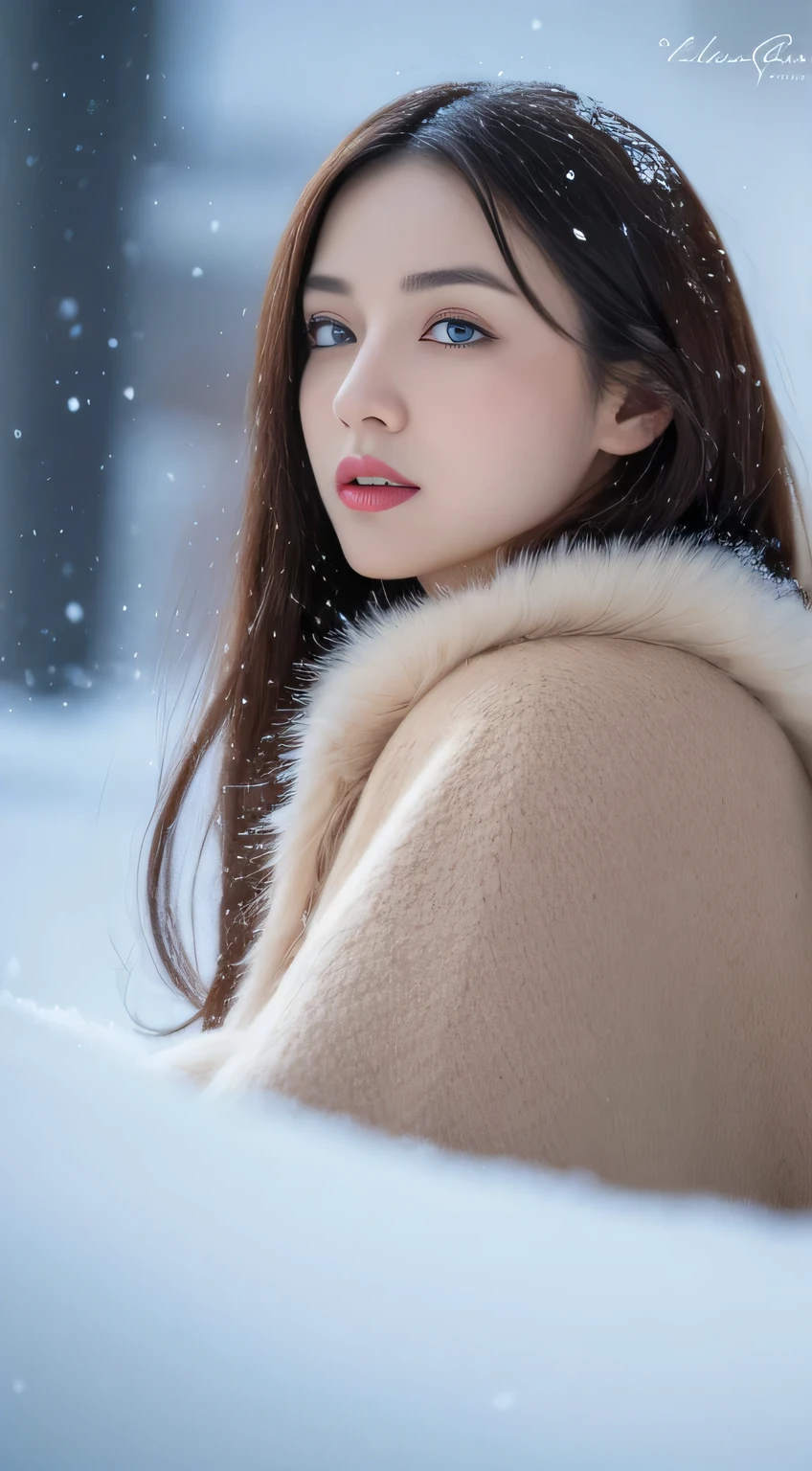 (Best quality, 8K, 32K，The details are super clear),Photorealistic, high resolution, 1 Japan Women, Solo, (Lolita costume)，Gorgeous costumes，Face the audience，(The upper part of the body，upper legs)， beautidful eyes, Brown hair, ringed eyes, (outside，Heavy snowfall，Thick fur cape，Cover with snow)，snowfield，Blue eyes，Illustrations of the highest quality，A meticulous face