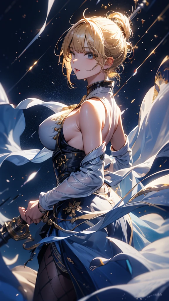 masterpiece, high quality, 4K, Beautiful design, silhouette,blonde, 非常に詳細な夜のStarry Sky,Cold ice world, wonderful, Finer details, Very knowledgeable woman, Highly detailed solo, 1 female,Big Breasts,Butt Emphasis,High-neck dress,Sleeveless,Night view,Starry Sky,full moon,How to sit,firework,