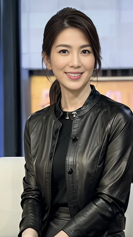 最high quality, 8k, Vibrant, Sharp focus, high quality, High resolution, Middle-aged women, Mature Woman, 55 years old, (Whole Body Ezbian), (High heels face detail, Highly detailed eyes, Plump figure、Plump face、((big 1.6))、(((Large Breasts)))、((Black leather clothing))、Busy Street、Random Hairstyles、A kind smile、(Leather Fashion、leather jacket、Leather skirt、boots、)、