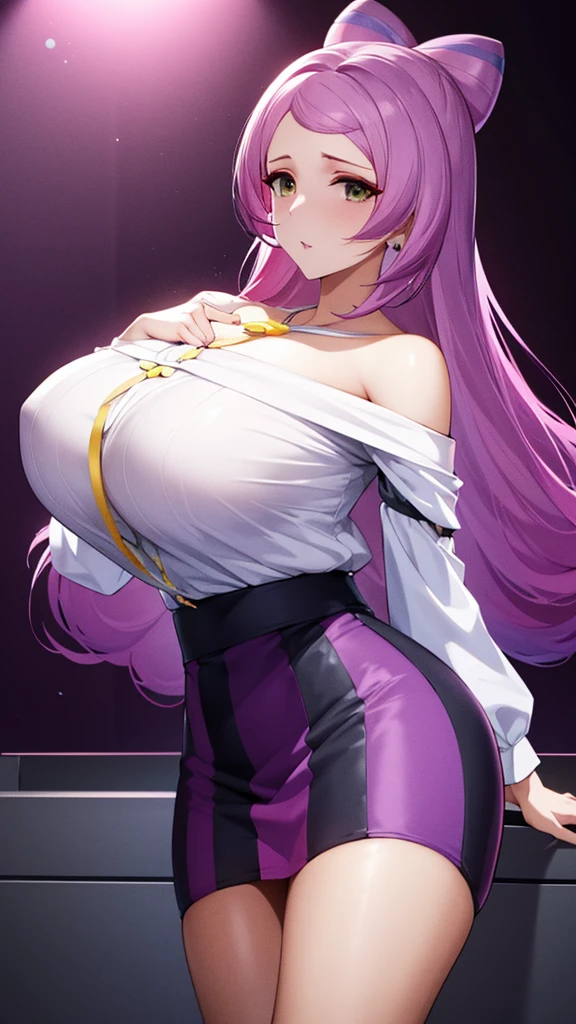erotic、Pokemon Mimosa、Purple hair、tall、 mature, Married women, White cutter shirt、Pencil Skirt、Office Lady、Off the shoulder、, Pink and black background, Pitch-dark bedroom, Dark Theme, evil, lure, excited, Condescending contempt, Lightly open your mouth、Sexy pose,