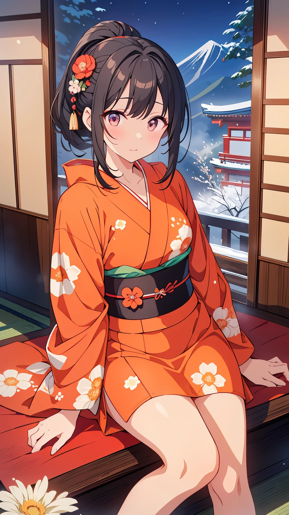 Anime girl in kimono sitting on the floor　Two Japanese girls sitting in a Japanese room 、A fascinating scene featuring a beautiful Japanese woman with distinctive features, 冬のFuji Mountainを背景に. Fuji Mountain. puts her black hair in a ponytail, single eyelid, Hooded, Humidity, Deep Set, Striking dark orange captivating eyes. Her expression changed into a gentle smile.. Age: 21. She is wearing a beautiful Japanese kimono., The pattern on the kimono features pictures of birds..、Features a delicate floral pattern。.The color of the kimono is red. The background is a snowy landscape.., Create a magical New Year&#39;atmosphere. ,Add movement and fun to your scenes. The combination of these factors、It should produce masterpiece-like images with ultra-exceptional quality..、tatami、Japanese-style room、