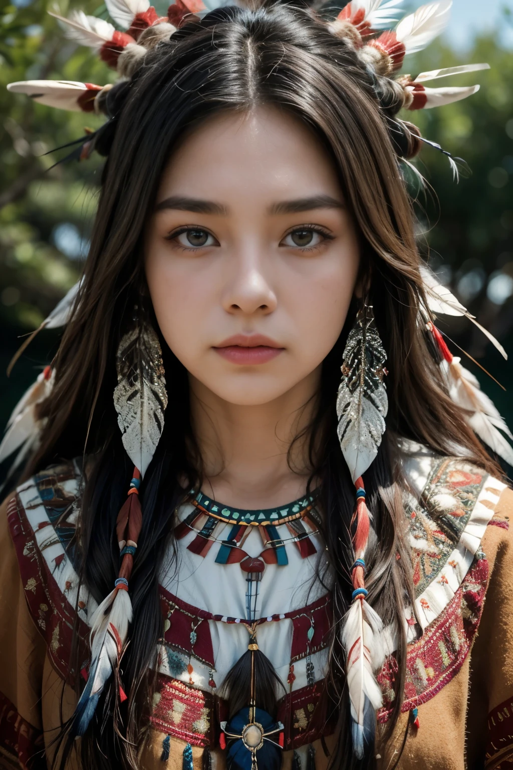 8k, highest quality, Super detailed, Native American women, traditional native american clothing, Intricate beadwork, Feather ornament, Strong and stoic expression, A deep connection to the land