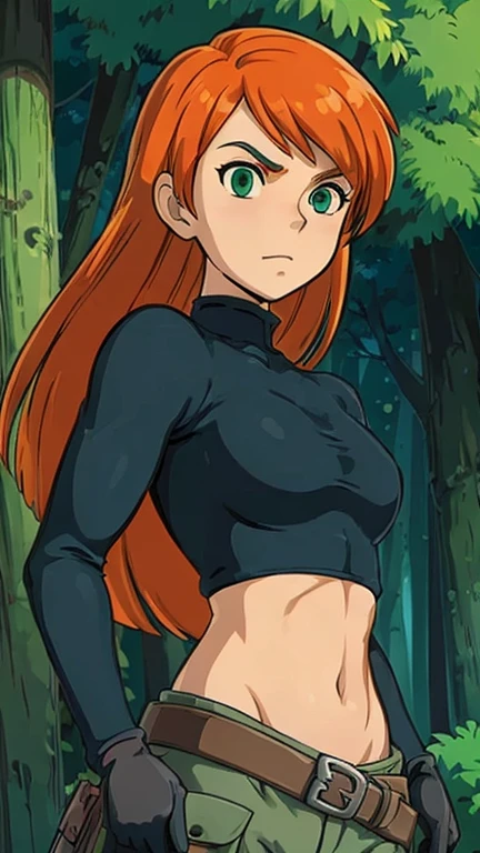 (Teens:1girl: kimpossible), (extremely detailed CG unit 8k wallpaper),(master part), (best quality), (ultra detail), (best illustration),(GHIBLI_Background), cowboy shot, (Sharp eyeliner, ombre, detailed eyes:1), forest, outdoor, ,break , (StudioGhibliStyleHMC)), upper body, Long Orange-red hair, green eyes, confident expression, black crop top, black gloves, brown belt, green cargo pants, pale skin, thin eyebrows,