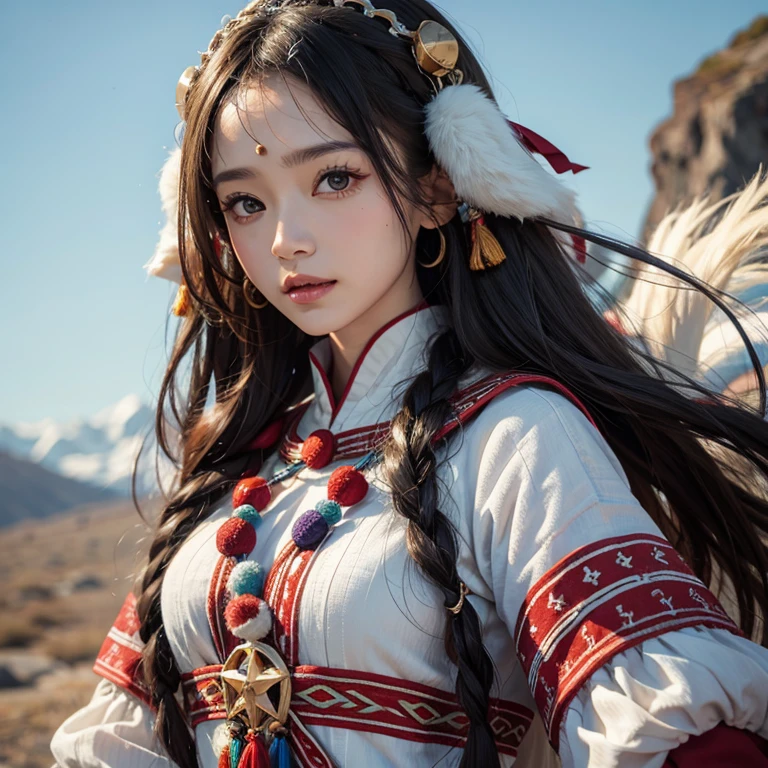 a girl hiding in the mountains, flowing hair, (best quality, masterpiece, 8K, ultra-high resolution, award-winning), (accurate ???????:1.1), (please look at me and smile:1.1), shining fair skin with ultra-high resolution, most detailed face, ultra-high resolution detailed face, ultra-high resolution hair, (ultra-high resolution sparkling eyes:1.1), beautifully detailed face, (blurred background:1.1), ancient Inuit clothing
