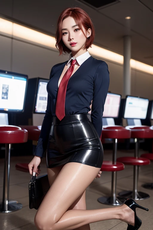 Highest quality，Ultra HD，(((whole body,with legs)))、(((Japanese flight attendant uniform 1.6))), (((Red striped tie, Tight Skirt，best-dressed uniform、Tekast, white formal short gloves,(黒のHigh heels), ((holding a mini microphone)),Japan CA，A small smile,白いTight blouse)))、((navy bowler hat 1.4)), White gloves, High heels、(Realistic:1.4)、(Surreal:1.4)、(Realistic:1.3)、 (Gentle lighting: 1.05)、32K、 One Woman、35-year-old woman、Realistic Lighting、Backlight、Facial Light、Ray Tracing、(bright:1.2)、(Improvement of quality:1.4)、 (Highest qualityのリアルテクスチャスキン)、Beautiful Eyes,delicate and elegant features, White blouse,Tight blouse,tight best-dressed uniform, (Show your body line beautifully:1.1),((Glowing Skin 1.4))、((Red-haired short bob 1.5)),Korean Idol、Idol Pose、A small smile,blush,Beautiful actress、A proper woman,whole body, (((Small breasts))),(Perfect teeth alignment),narrow waist and hips,Beautiful feet,Full Shot)、(((charm、Embarrassing))),(eye shadow),((Red cheeks、Red lips)),Very beautiful night view、At night,A small smile,(((Full Shot)))、(((airport terminal background 1.5))),