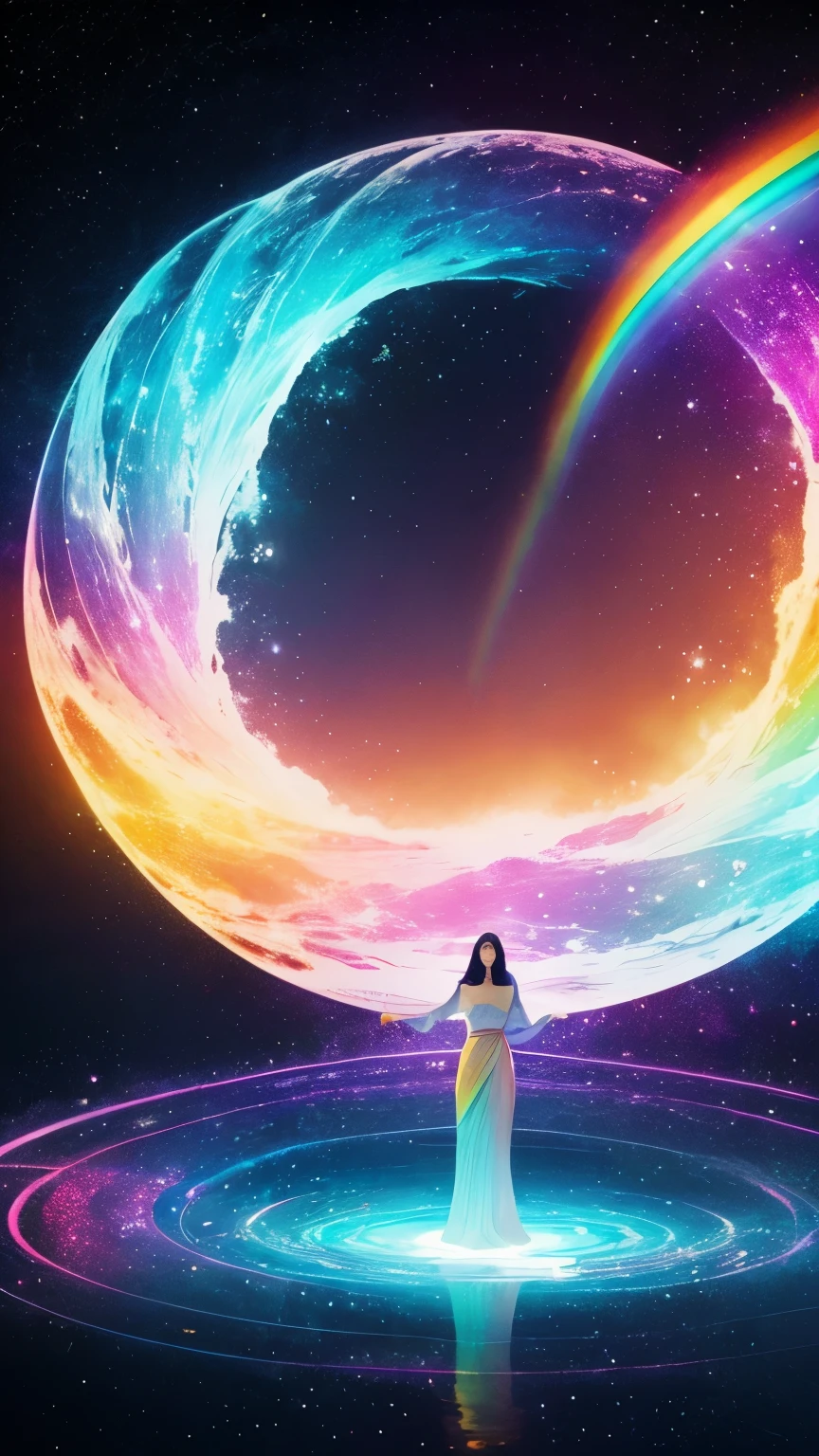 The woman, embodying a mysterious miracle in which her body is enveloped in multi-colored, glittering, thin clouds that overlap like a rainbow, continues her journey as she wanders through a strange space, her expression peaceful.