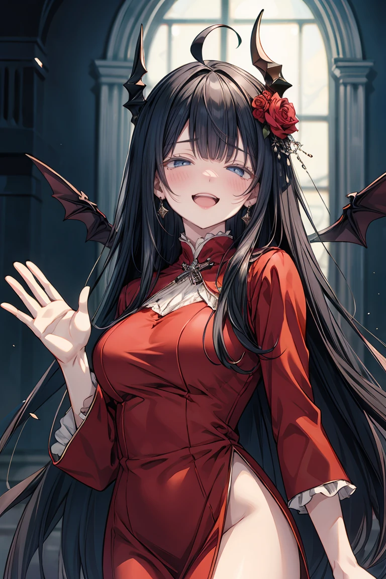 (8Kmasterpiece,highest quality:1.4),Ultra-high resolution,(masterpiece:1.4),hyper detail
BREAK (1 girl),(),Beautiful Face,(dark blue eyes),(Sleepy eyes:1.35),(Thick eyeliner:1.3),Beautiful and delicate eyes,(Thin and long eyelashes:1.3),artistic makeup,(perfect anatomy:1.5)
BREAK (black hair),(long hair:1.2),(ahoge:1.2)
BREAK (closed eyes:1.2),(embarrassed:1.3),(smug:1.2),(laugh:1.3),(open mouth:1.4),(happy:1.4)
BREAK (Slender body),(big breasts:1.3),(big thights:1.2)
BREAK (luxury red dress:1.3),(luxury black thighs:1.3),(flower ornament:1.2),(earring:1.2),(big red wings:1.3),(luxury accessory:1.2),(devil costume:1.2)
BREAK (she is standing while waving:1.3)
BREAK (dark atmosphere:1.3),(in front of luxury hotel:1.3),(fantasic world:1.3),(burnt world:1.3)
BREAK depth of written boundary,Amazing panoramic views,(looking viewer:1.4),(Vignette Light:1.2),(extreme close up:1.3),(focus breasts:1.3),shot from side
