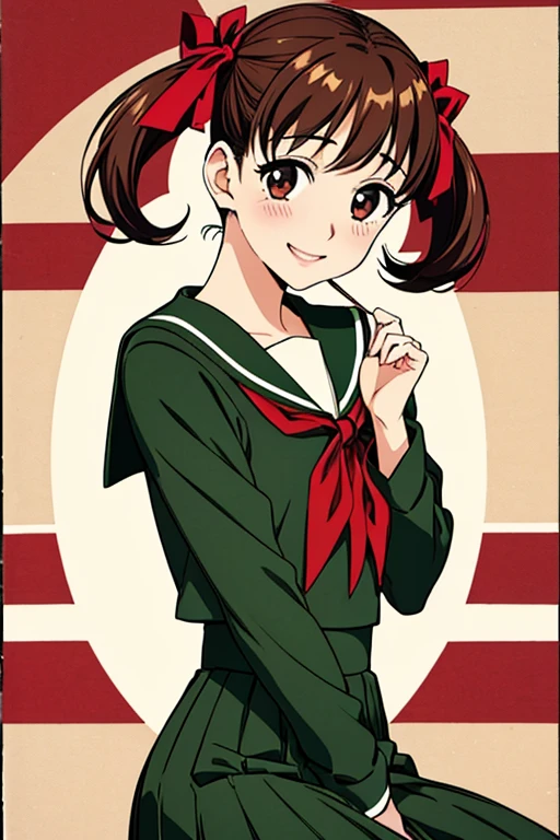 Yumi Fukuzawa、Shiny brown hair,Medium Hair, 、((Red ribbon , Twin tails、)),Beautiful brown eyes、Sparkling eyes, fine grain、smile、Very fine eye、Highly detailed face, Highly detailed eyes,Cowboy Shot、

 
  school uniform, Sailor collar, neckerchief, Green Shirt, Sailor shirt, Long sleeve, Green Skirt, Long skirt, 