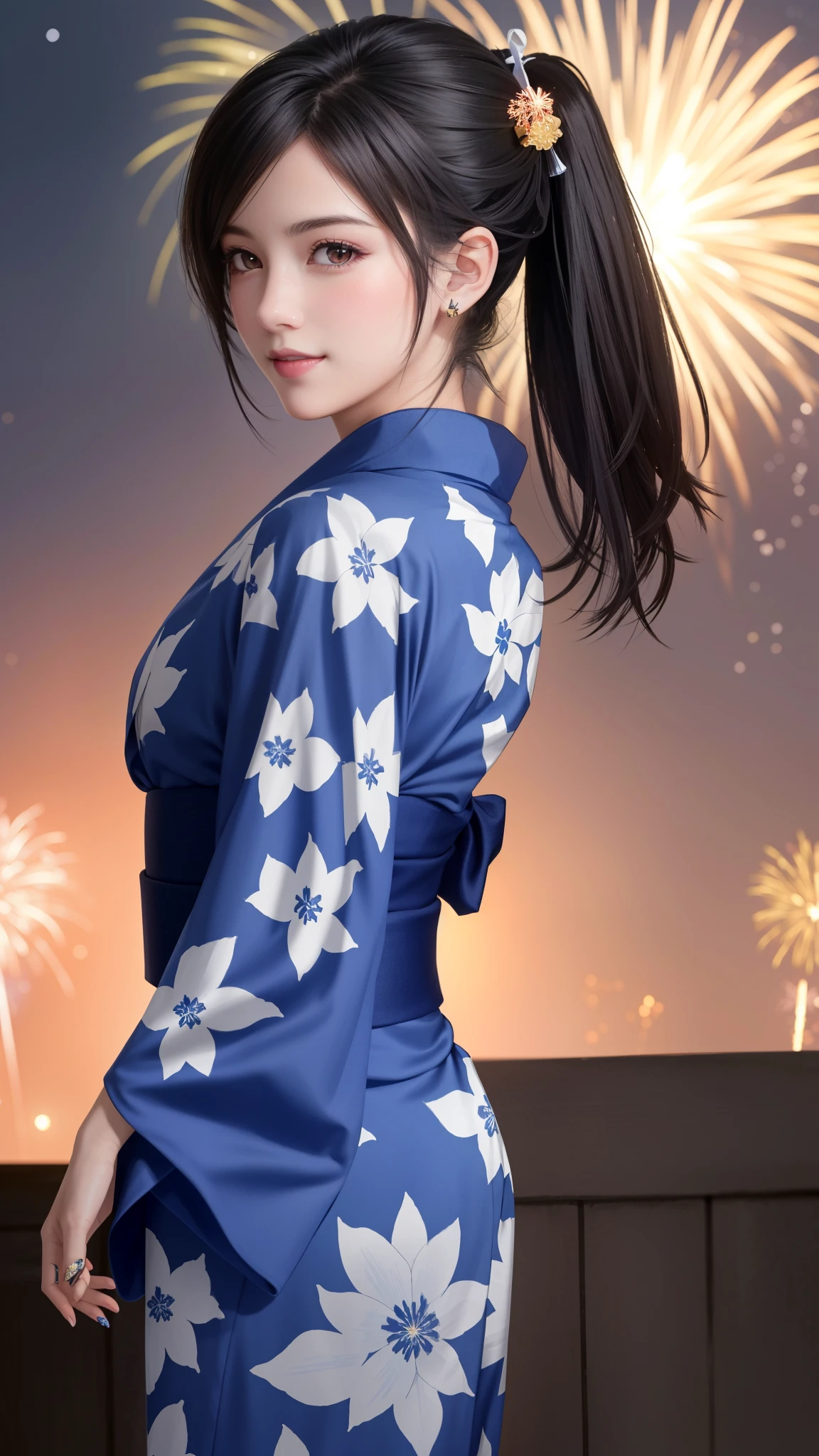 in 8K、超A high resolution、Best Quality、masutepiece (gargantuan butt、Toned body:1.1)(Dark blue yukata with fireworks pattern、Not isolated、Does not expose the skin:1.6)(Summer Festivals:1.3) (Short black-haired chignon:1.2)big eye、Distinct double eyelids、Lashes、Highlights in the eyes、Light brown eyes、Pinclip Gloss、piercings、Red garland clogs、(stick out buttocks、bending forward:1.3)