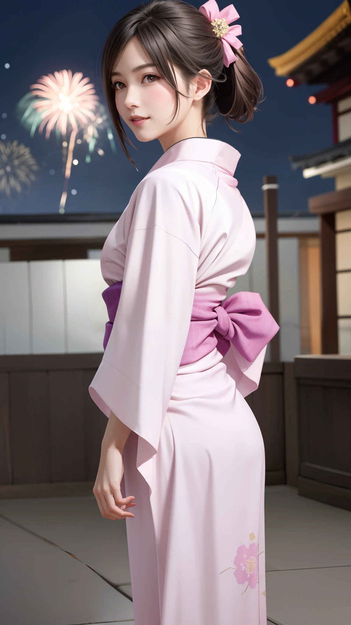 {Top Quality, Masterpiece}, (Realistic: 1.3), Wallpapers, ultra high res, ultra high quality, BREAK {{{FF7, Tifa_lockhart, solo}}},(ponytail), Ultra-detailed face, Detailed eyes, Red eyes, (black brown hair, Large breasts: 1.0), (she is wearing a pink beautiful yukata:1.8), About 18 years old, {{{erotic face ,erotic mouth, erotic eyes}}}, model pose:1.2, blush, shy ,smile, BREAK (Fireworks:1.1,evening:1.5), from back