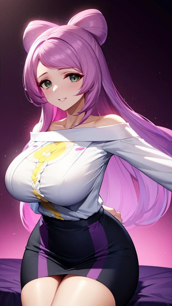 erotic、Pokemon　Mimosa、Purple hair、tall、 mature, Married women, White cutter shirt、Pencil Skirt、Office Lady、Off the shoulder、, Pink and black background, Pitch-dark bedroom, Dark Theme, evil, lure, excited, A condescending grin, Lightly open your mouth、Sexy pose,