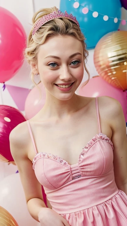 Sarah Gadon wearing sexy children's party clothes and smiling