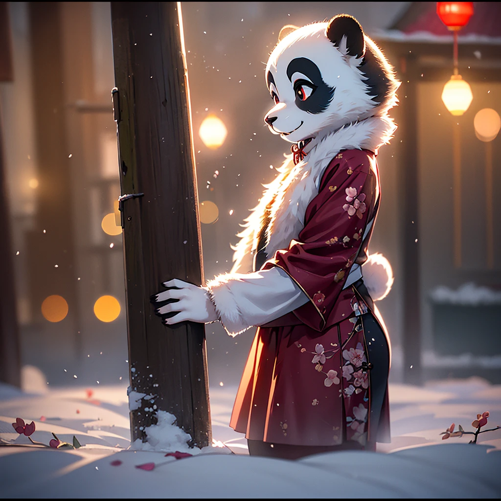 (Sumilux f1.4 36mm , Polaroid , low Latitude old color negative film , cross process , (bokeh), Long exposure , blur , flare, chromatic aberration , (soft focus), (Shallow focus) , soft glow , Maximum aperture, low Key , Transparent depiction , Tyndall) , thick Panda Girl , (lifelike Panda patterned face) , flare skirt , Plum blossoms flutter across the screen , Flower storm , (horror , Chinese ghost) , It's bursting , coquettish , bend over