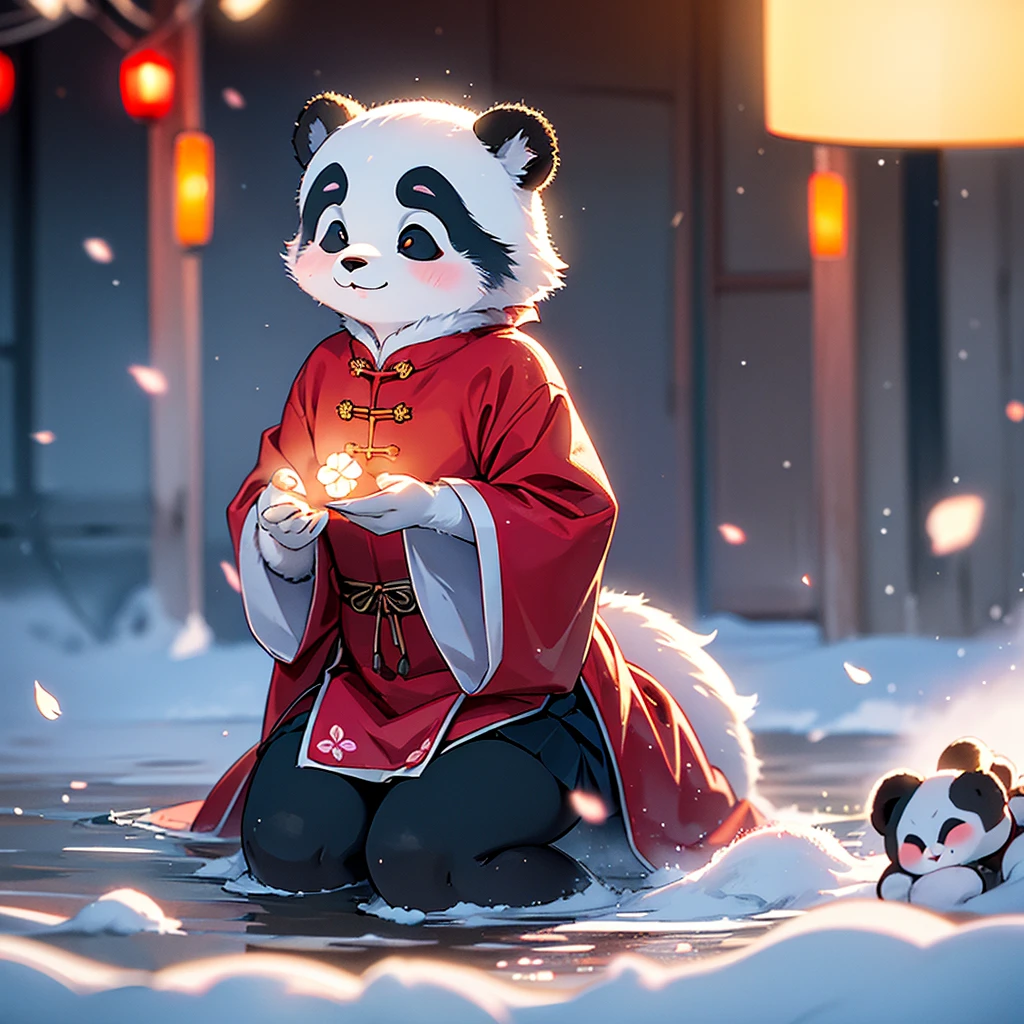 (Sumilux f1.4 36mm , Polaroid , low Latitude old color negative film , cross process , (bokeh), Long exposure , blur , flare, chromatic aberration , (soft focus), (Shallow focus) , soft glow , Maximum aperture, low Key , Transparent depiction , Tyndall) , thick Panda Girl , (lifelike Panda patterned face) , flare skirt , Plum blossoms flutter across the screen  , Flower storm , (horror , Chinese ghost) , It's bursting , coquettish , bend over