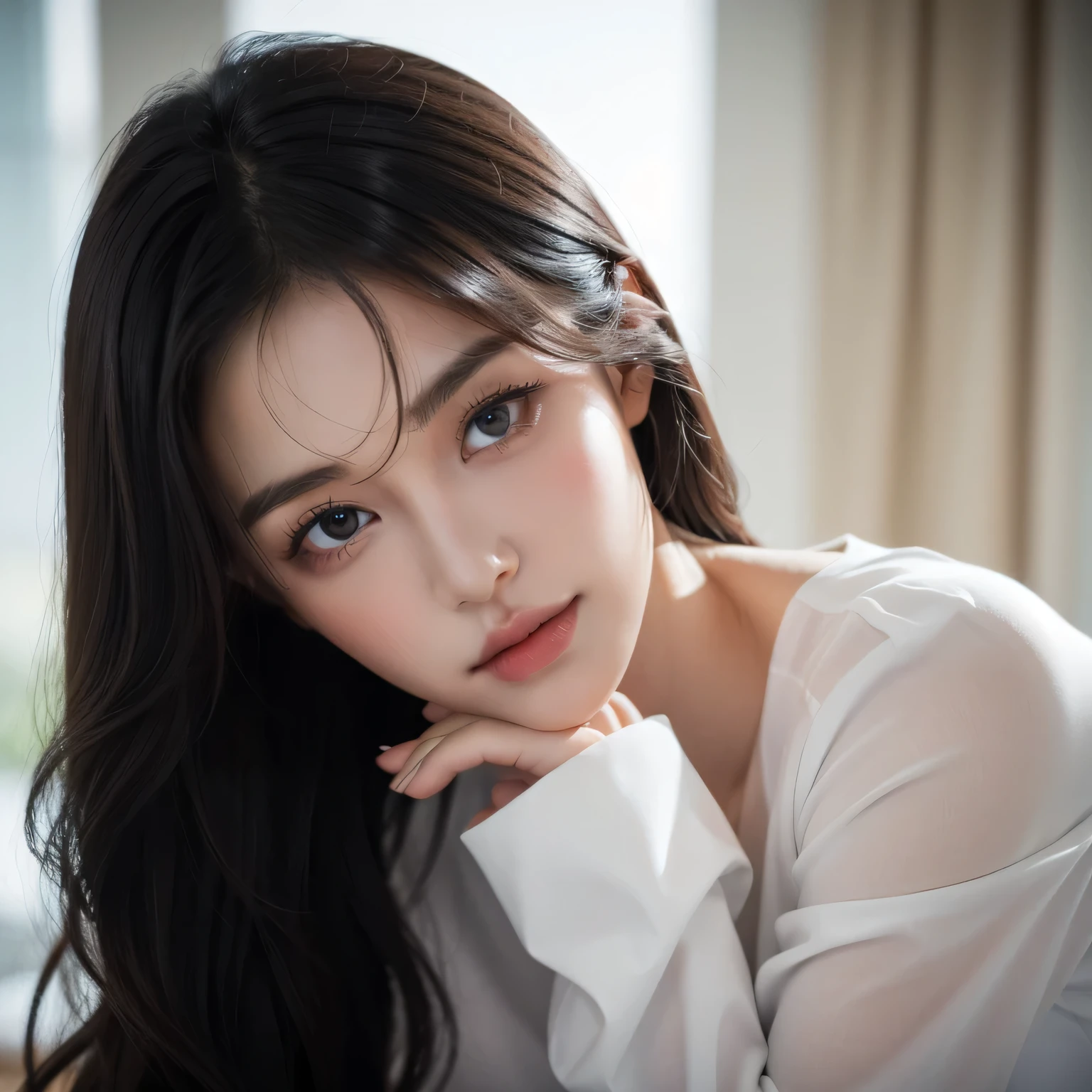 american chinese model, slim face, mature face, long face, black wavy hair, sharp eyes, natural light, 21 years old, close-up of face, ((1 girl, Show half Body)). Ultra HD, Ultra-detailed, Highly Detailed, Ultra High Realistic, Ultra-realistic, Masterpiece:1.5, illustration:1.1, best quality:1.5, realistic, photorealistic, fine detail, perfect detail, sharp color, 4k, 8k, HDR, sharp focus, smooth detail, high resolution. (Anatomically Correct), (Detailed Realistic Skin Texture). slim body. A beautiful woman wearing long sleeves shirt and pants. dark background. Long black hair with bangs, Beautiful face, closed mouth, closed lips, detailed face, Beautiful eyes, perfect symmetrically perfect eyes.