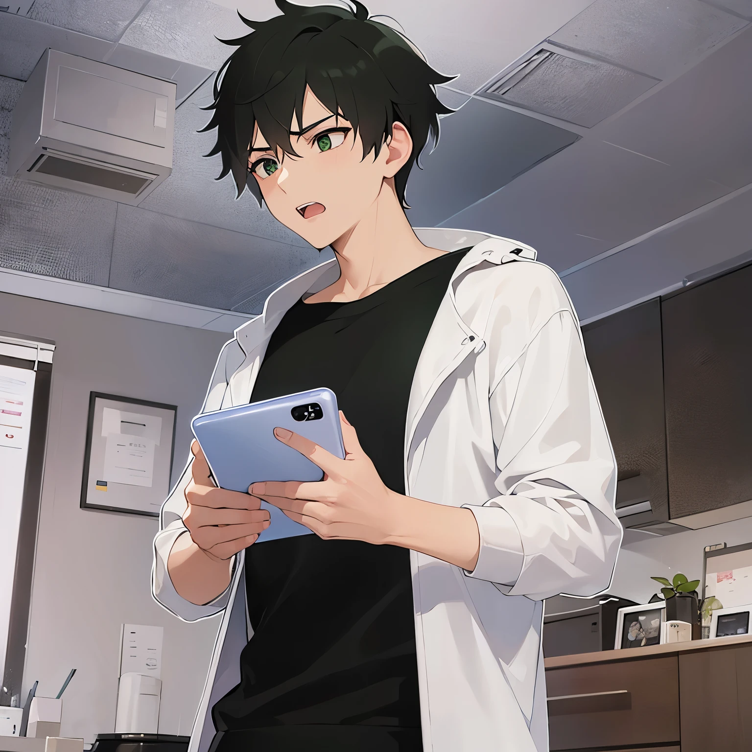 (25-year-old male:1.5) and (Brown short hair) and (Green Eyes), (looking away:1.5),upper body、 (talking on the smartphone:1.5),(handling_smart_phone, smart_phone:1.2)、
shiny skin, masterpiece、Highest quality、
(black T-shirts:1.5) 、
(angry:1.2),open mouth,The background is the living room、(alone:1.5)