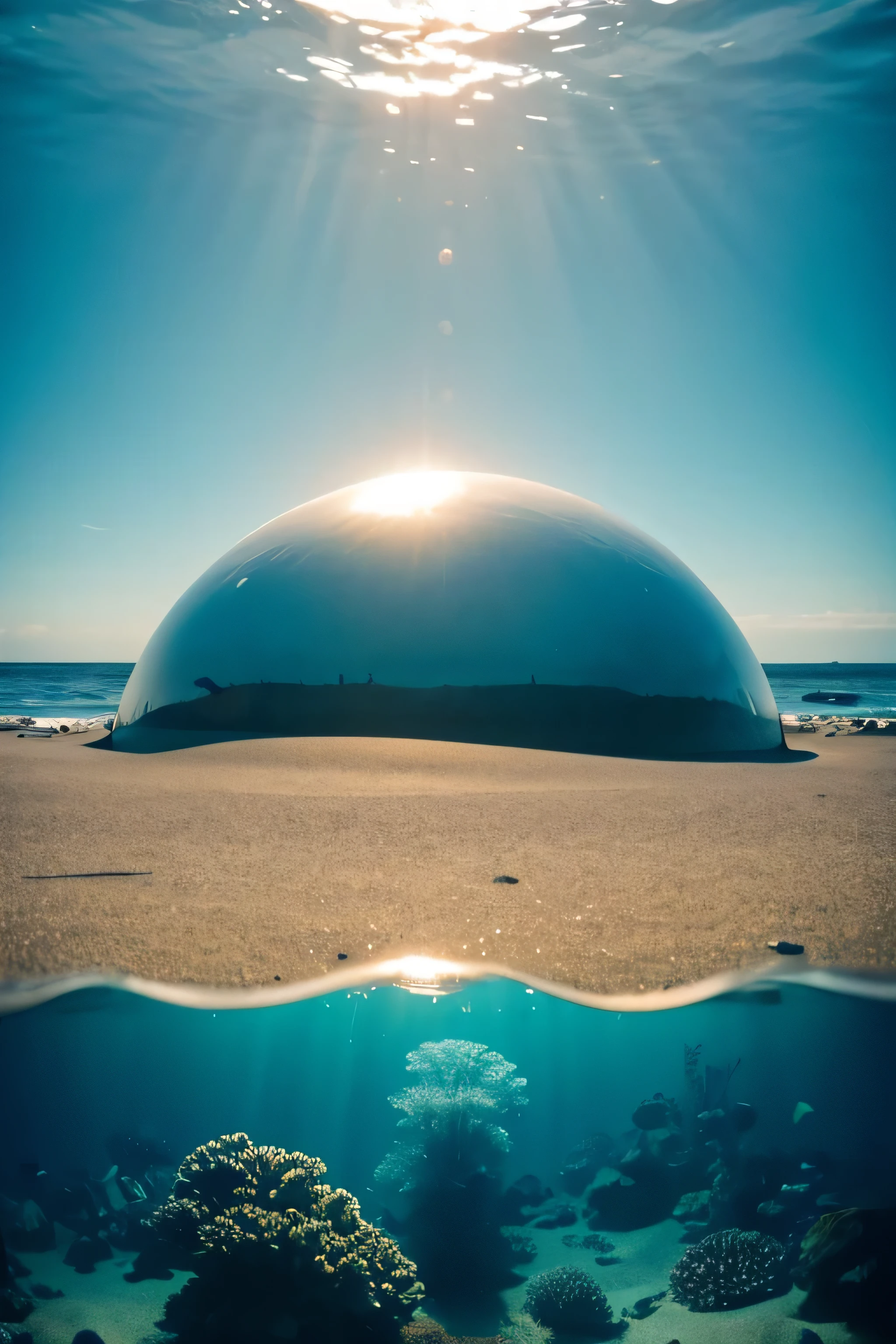 Underwater world,Life at sea,Transparent fog,A hemisphere looks down from the sky,wonderful,Artistically。Beach sand background