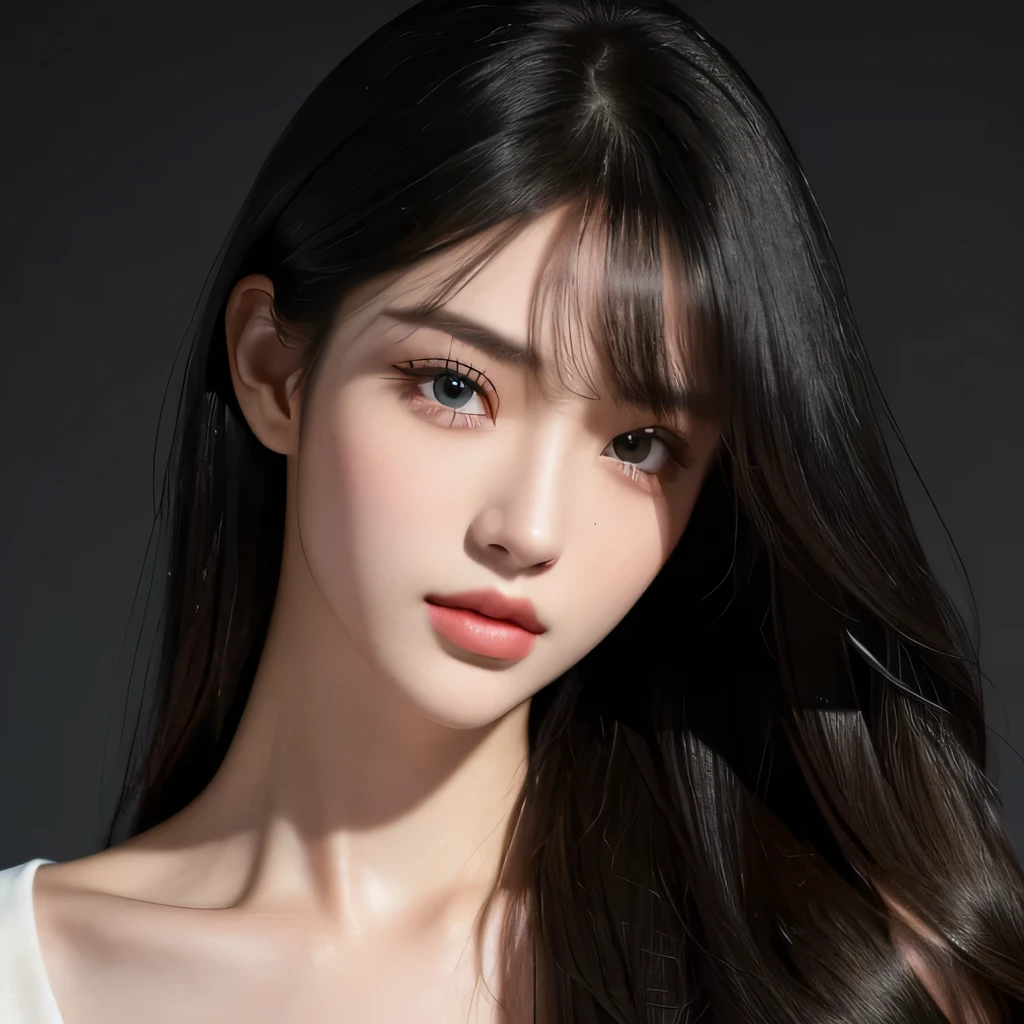 american chinese model, slim face, mature face, long face, black wavy hair, sharp eyes, natural light, 21 years old, close-up of face, ((1 girl, Show half Body)). Ultra HD, Ultra-detailed, Highly Detailed, Ultra High Realistic, Ultra-realistic, Masterpiece:1.5, illustration:1.1, best quality:1.5, realistic, photorealistic, fine detail, perfect detail, sharp color, 4k, 8k, HDR, sharp focus, smooth detail, high resolution. (Anatomically Correct), (Detailed Realistic Skin Texture). slim body. A beautiful woman wearing long sleeves shirt and pants. dark background. Long black hair with bangs, Beautiful face, closed mouth, closed lips, detailed face, Beautiful eyes, perfect symmetrically perfect eyes.