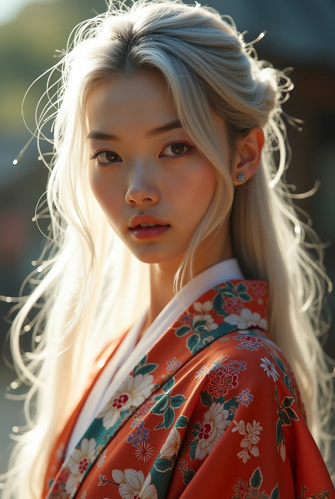 180 cm tall and muscular.。
Japanese。
the skin is white and clear。
Hair is long and silver
Write a picture of a beautiful woman facing forward。Wearing a kimono。
Shine more light on the face.