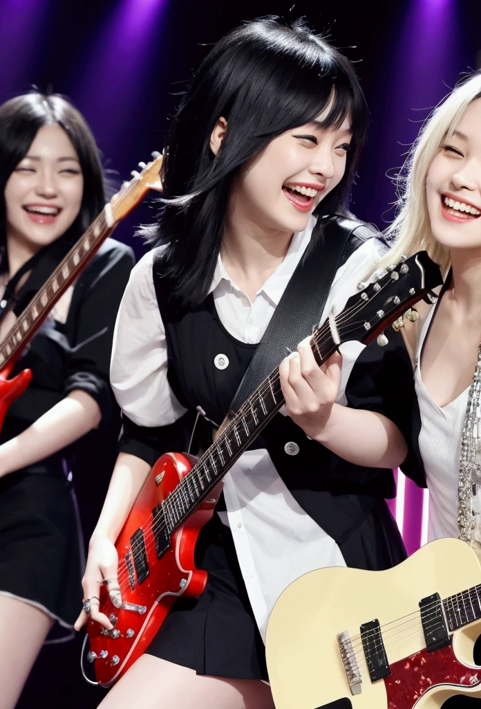 Laughing happily　A girl band with guitars　Black Hair Semi-Long　Beautiful Japanese people　２０Woman in her 20s