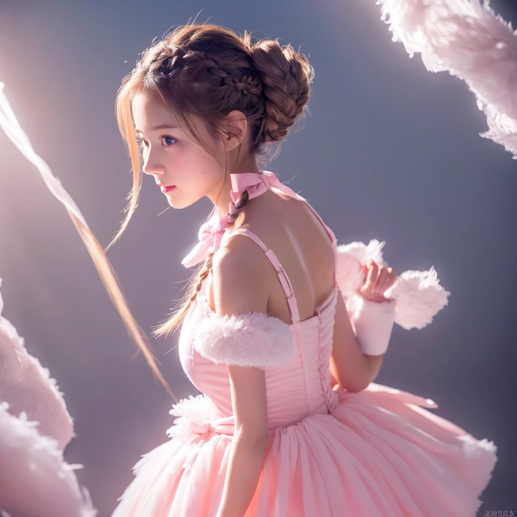 a girl in a pink fluffy dress with white elements, her hair is light and braided into two ponytails, she has a bow and white gloves in her hands, beautiful lighting from above
