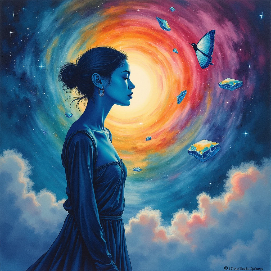 Surreal watercolor painting, a human silhouette filled with a swirling galaxy of colors, fractured edges blending into a starry background, light beams breaking through cracks, floating shards of mirror reflecting various emotions, dreamy and ethereal atmosphere, soft focus, muted pastel palette with occasional bright accents, album cover composition, modern artistic style