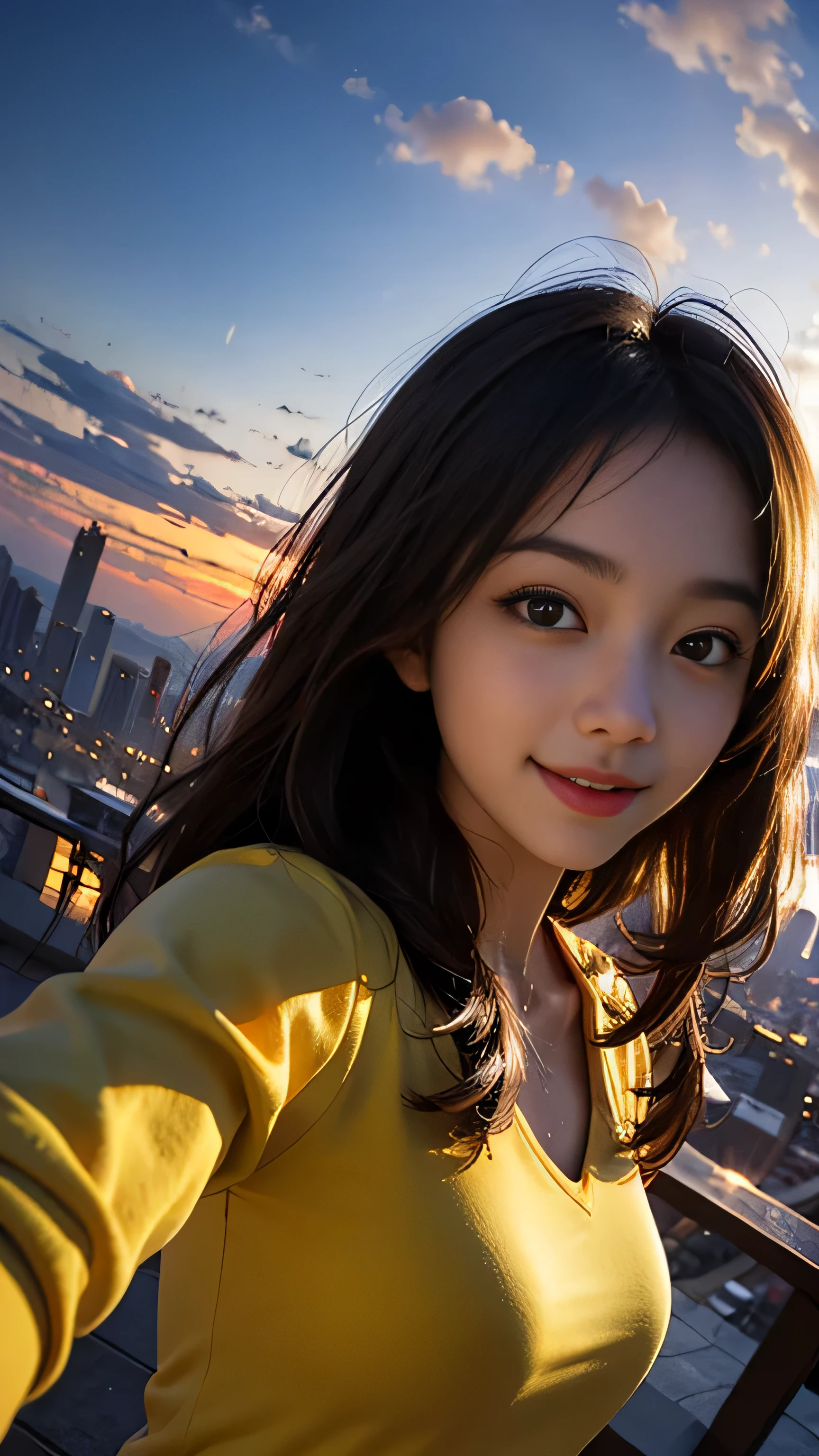 One girl, Korean, Fisheye Lens, Selfie, Wind, Messy Hair, sunset, Cityscape, (Aesthetics and atmosphere:1.2),smile