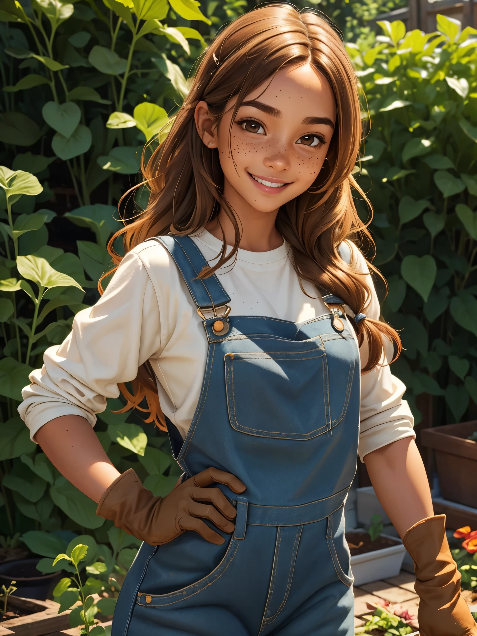 (best quality), 1girl, female, honey toned skin, chestnut hair, long hair, slightly wavy hair, brown eyes, perfect eyes, freckles, tomboy, overalls, gardener, gardening gloves, garden, , small bust, smile, masterpiece, anatomically correct, highres
