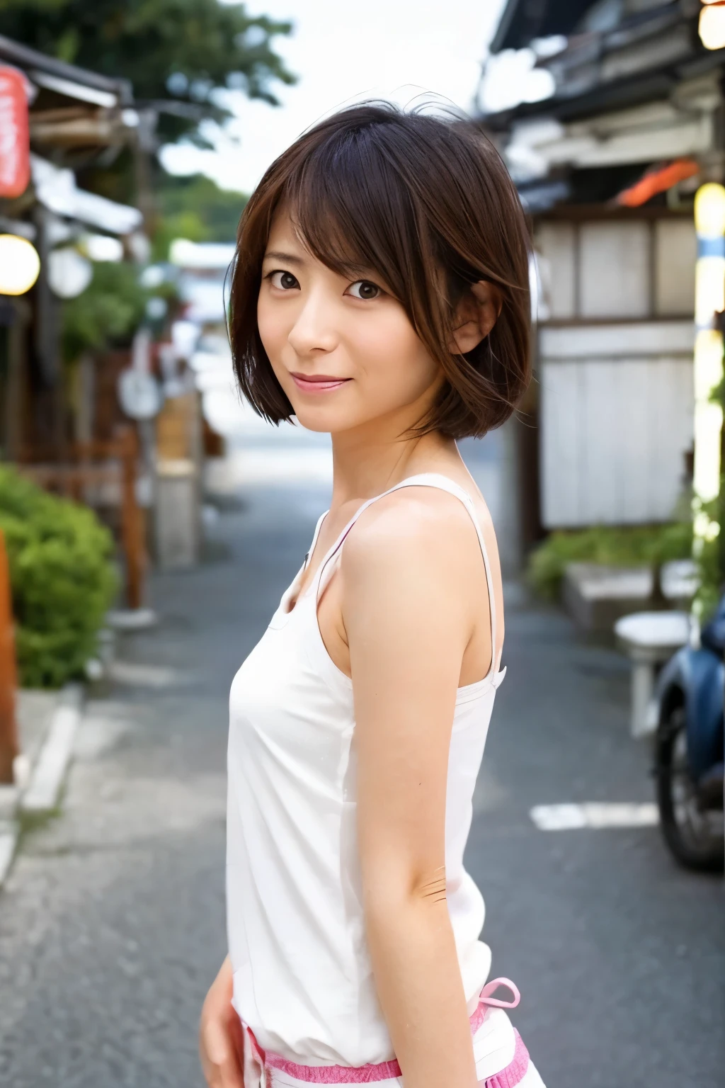 Photogravure, back view of a skinny Japanese woman, 40 years old, {long|short} hair, cute face, detailed face, detailed eyes, anatomically correct body, standing at the seaside