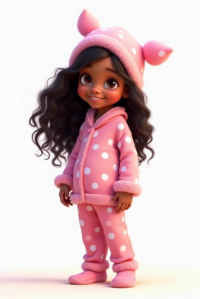 a full body one,AGE 9 YEARS, with pink pajamas with white polka dots, pink sleeping cap on head, with dark brown hair, longye hair, brown dark eyes, curled hair, dark skin color, arte disney pixar, com fundo branco