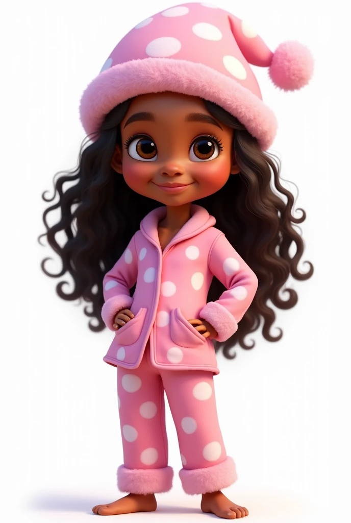 a full body one,AGE 9 YEARS, with pink pajamas with white polka dots, pink sleeping cap on head, with dark brown hair, longye hair, brown dark eyes, curled hair, dark skin color, arte disney pixar, com fundo branco