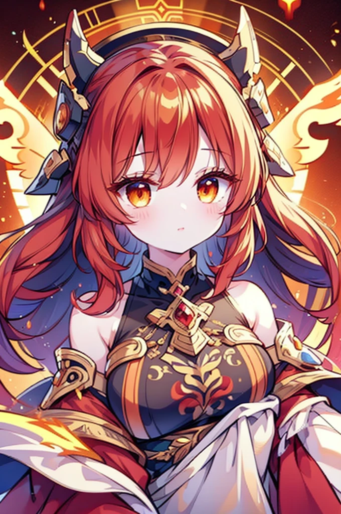 Closeup of a woman with fire and flames on her body, with fiery golden wings of flame, with fiery golden wings, epic fantasy art style, epic fantasy digital art style, feminine lady of change, full portrait of elementalist, Exquisite and epic character art.