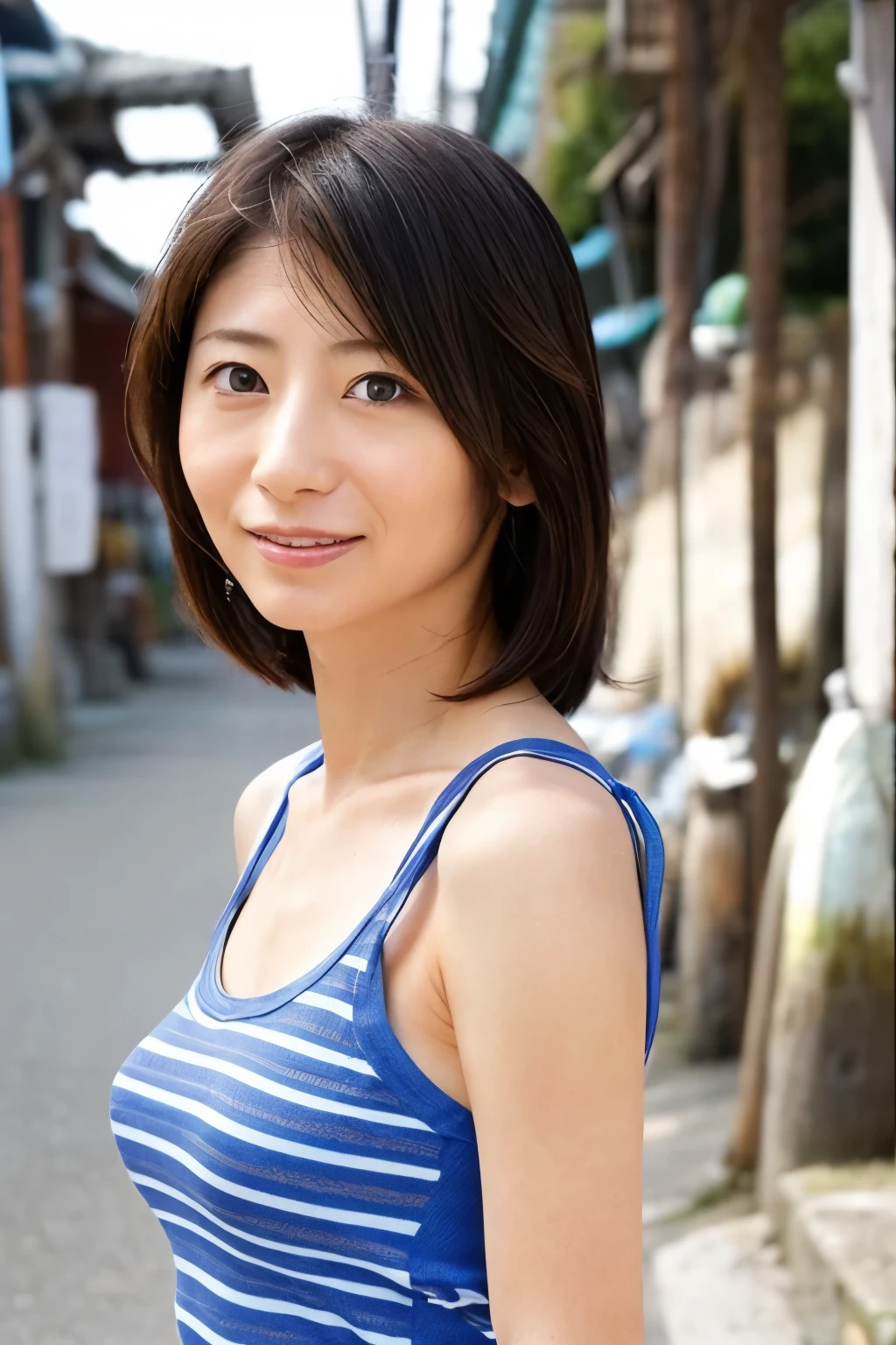 Photogravure, back view of a skinny Japanese woman, 40 years old, {long|short} hair, cute face, detailed face, detailed eyes, anatomically correct body, standing at the seaside